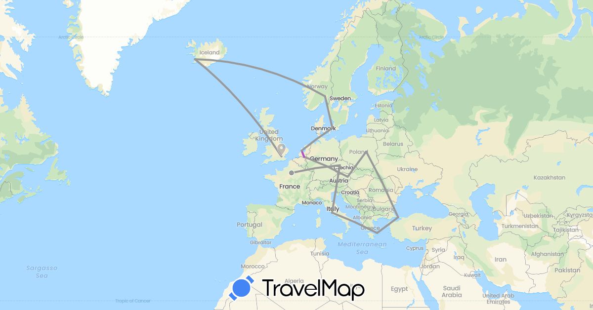 TravelMap itinerary: plane, train in Austria, Czech Republic, Denmark, France, United Kingdom, Greece, Iceland, Italy, Netherlands, Norway, Poland, Turkey (Asia, Europe)